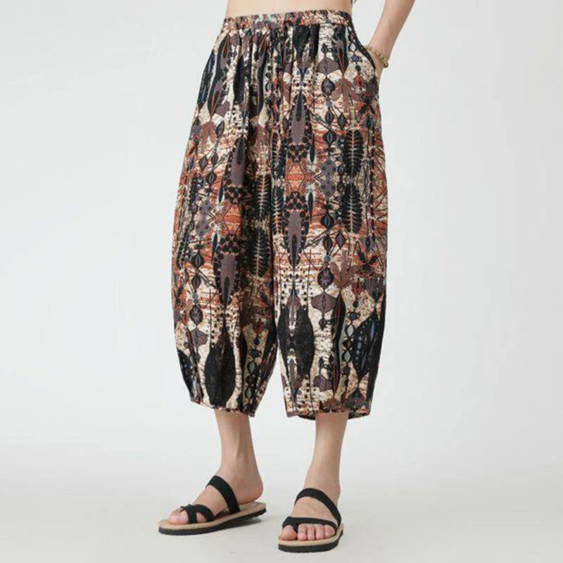 Buddha Stones Summer Square Patchwork Elephant Mandala Geometry Cotton Linen Men's 7-8 Length Pants With Pockets