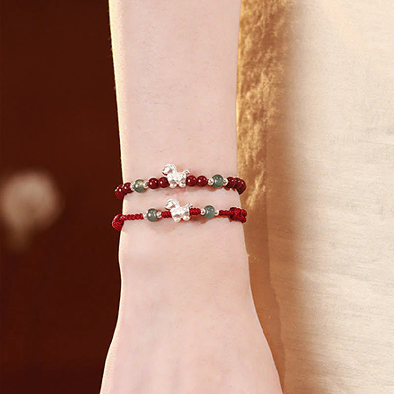 Buddha Stones Year of the Horse Cinnabar Jade Red String Blessing Bracelet