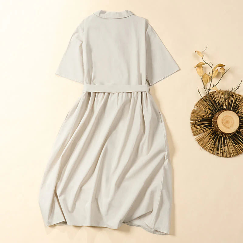 Buddha Stones Summer Solid Color Lace-up A-line Design Short Sleeve Midi Dress With Pockets
