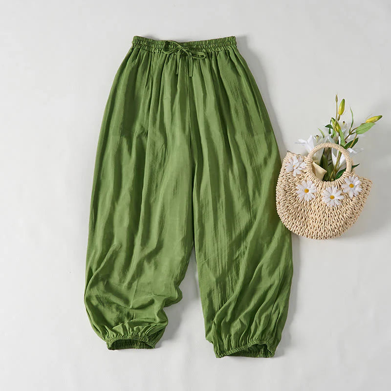 Buddha Stones Summer Green Ankle-Length Cotton Drawstring Women's Pants With Pockets