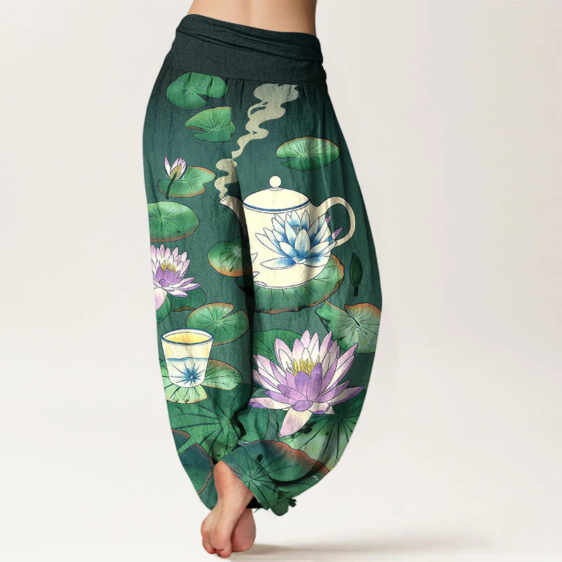 Buddha Stones Pure Cotton Fresh Teapot Cup Lotus Flower Leaf Pattern Women's Elastic Waist Harem Pants