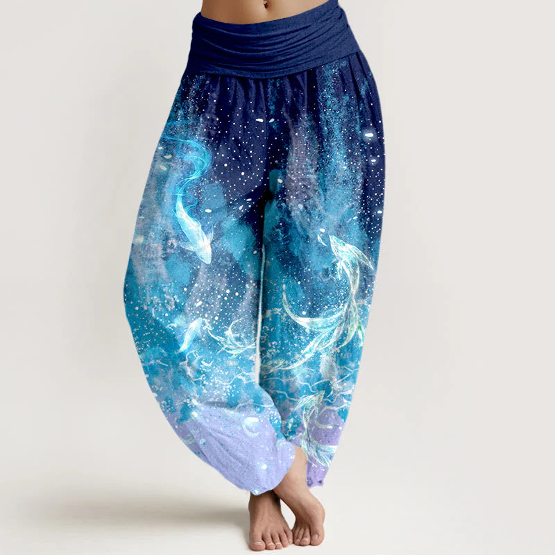 Buddha Stones Cotton Koi Fish Aquatic Pattern Women's Elastic Waist Harem Pants