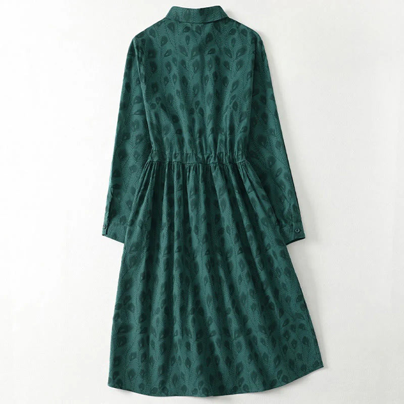 Buddha Stones Spring Grass Vines Print Buttons Design Long Sleeve Midi Dress With Pockets