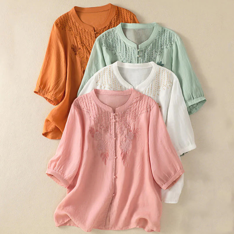 Buddha Stones Rose Floral Embroidery Button Half Sleeve Women's Cotton Shirt