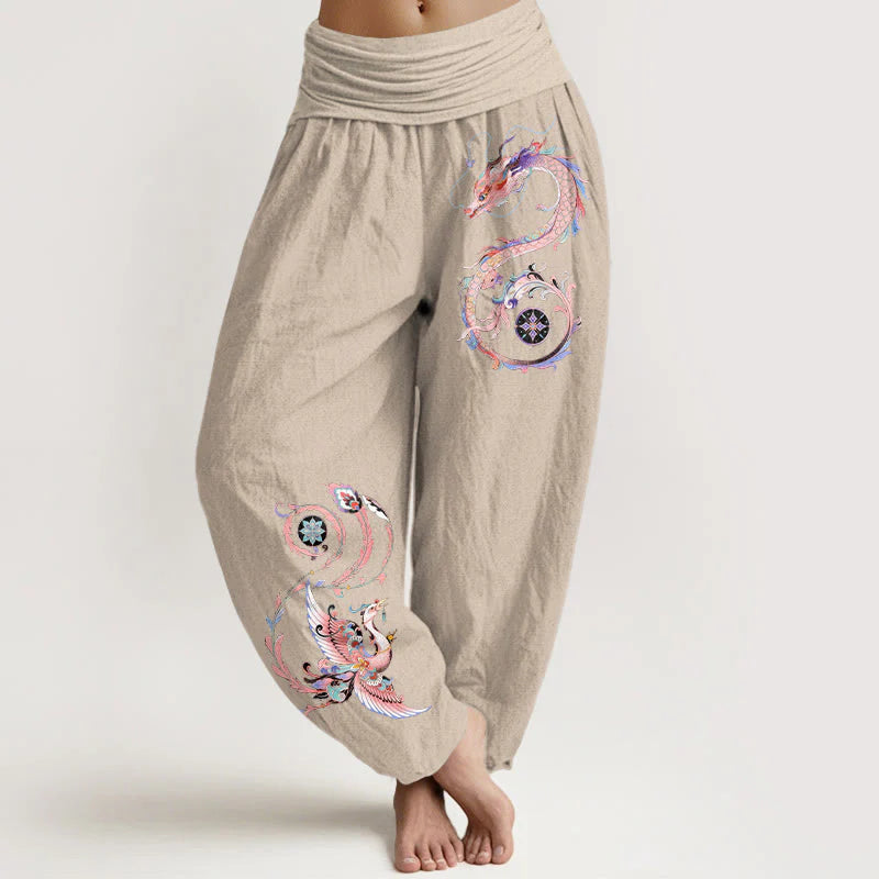Buddha Stones Cotton Flying Dragon Phoenix Pattern Women's Elastic Waist Harem Pants