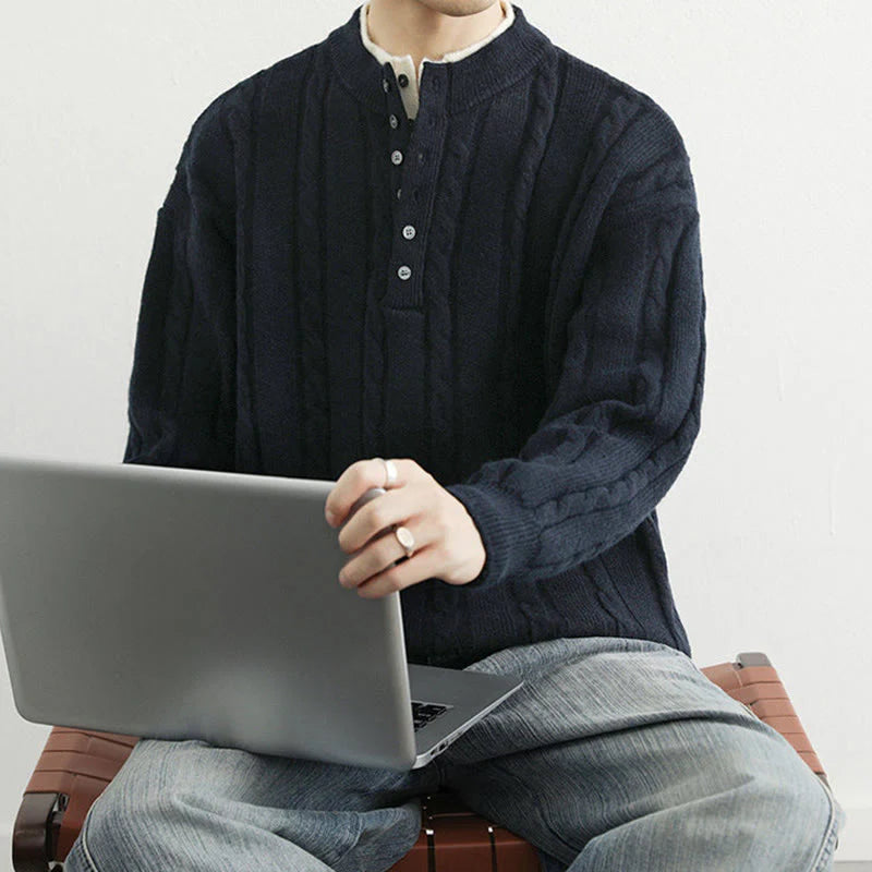 Buddha Stones Winter V-Neck Buttons Twisted Design Warm Men's Long Sleeve Knitted Sweater