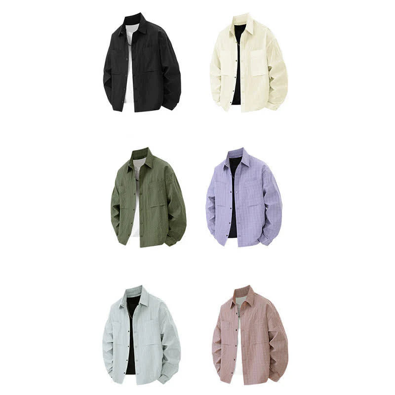 Buddha Stones Spring Solid Color Textured Long Sleeve Button Men's Lapel Shirts With Pocket