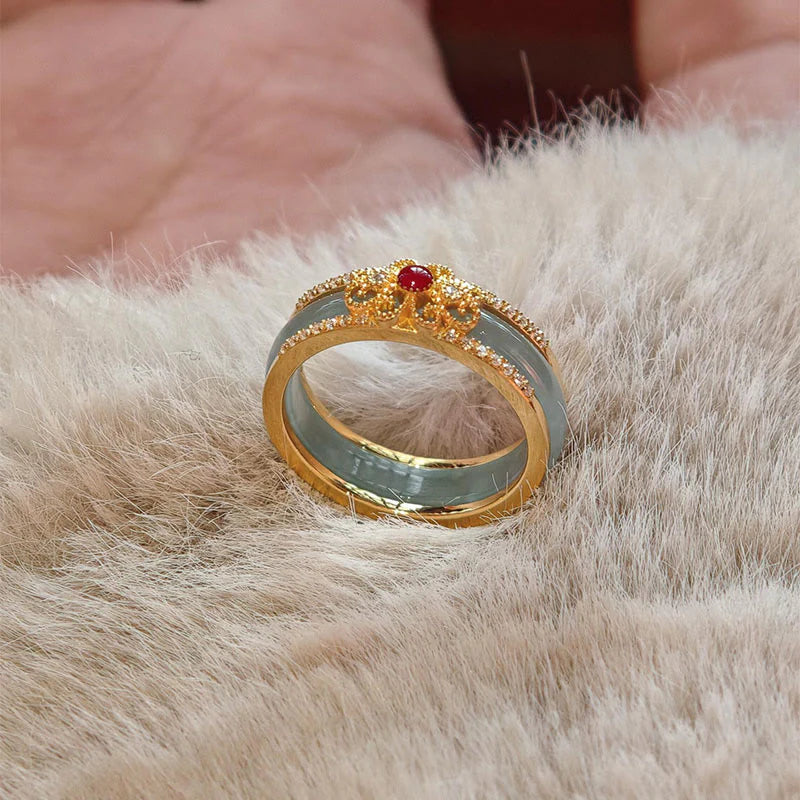 Buddha Stones Gold-Plated Copper Glass Flower Wealth Ring