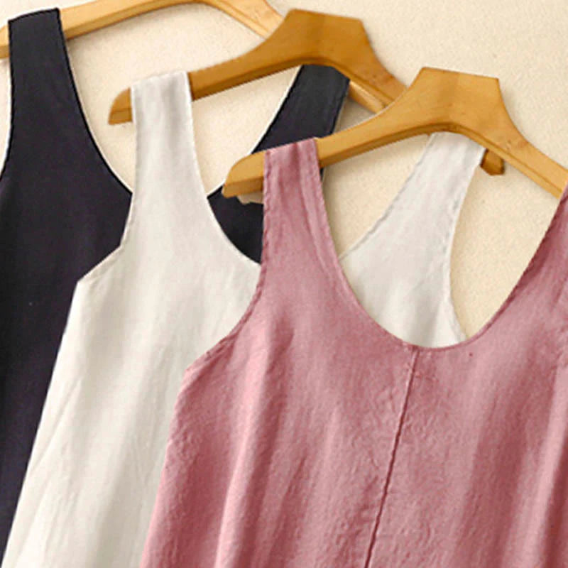 Buddha Stones Summer Daily Casual Pure Color Crew Neck Simple Design Sleeveless Midi Dress With Pockets