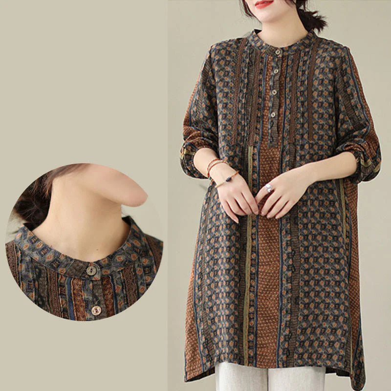 Buddha Stones Retro Printed Floral Women's Accordion Pleats Design Long Sleeve Shirt With Pockets