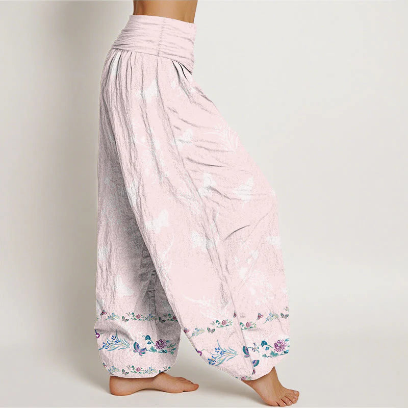 Buddha Stones Pure Cotton Trouser Legs Neatly Arranged Butterfly Grass Flower Pattern Women's Elastic Waist Harem Pants