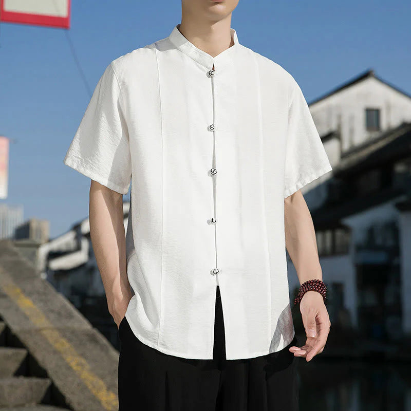 Buddha Stones Summer Solid Color Front Button Design Men's Half Sleeve Cotton Shirt