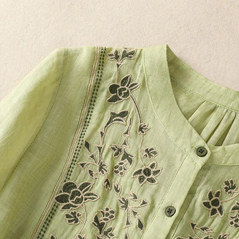 Buddha Stones Embroidery Single Breasted Women's Cotton Linen Three Quarter Sleeve Shirt