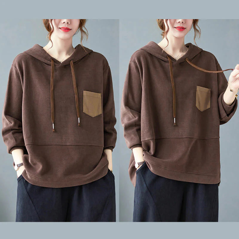 Buddha Stones Fall Solid Color Decorative Pocket Cotton Long Sleeve Women's Hoodie