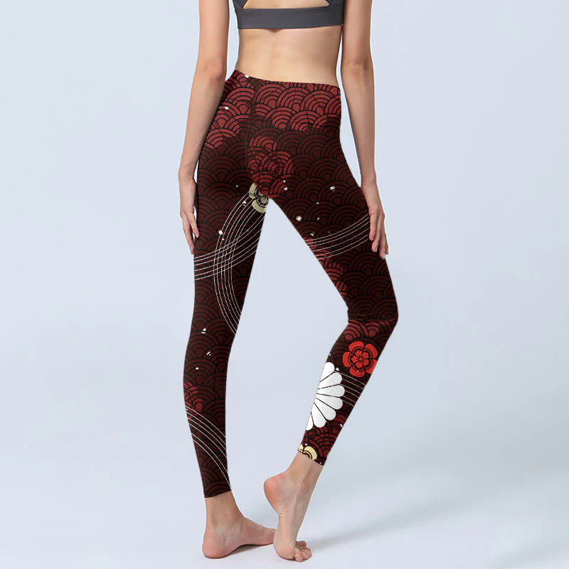 Buddha Stones Reddish-brown Floral Fan-shaped Wave Print Gym Leggings Women's Yoga Pants