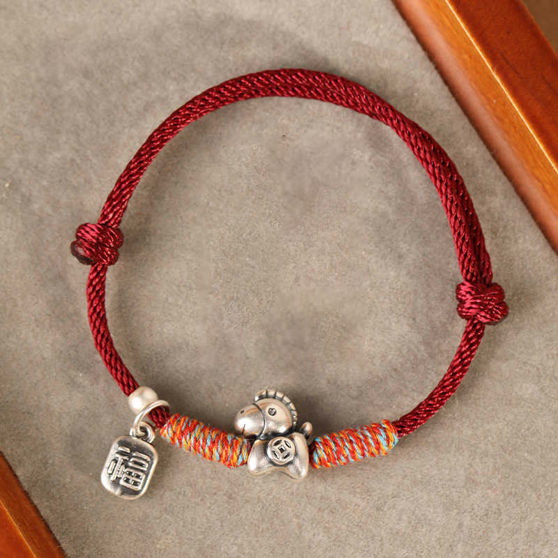 Buddha Stones 999 Sterling Silver Year Of The Horse Fu Character Charm String Braided Luck Bracelet
