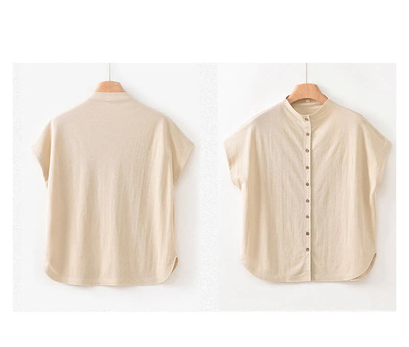 Buddha Stones Vintage Buttons Design Stand Collar Cotton Short Sleeve Women's Shirt