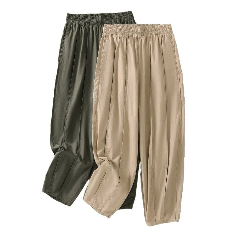 Buddha Stones Summer Simple Pure Color High Waisted Pleated Women's Harem Pants With Pockets