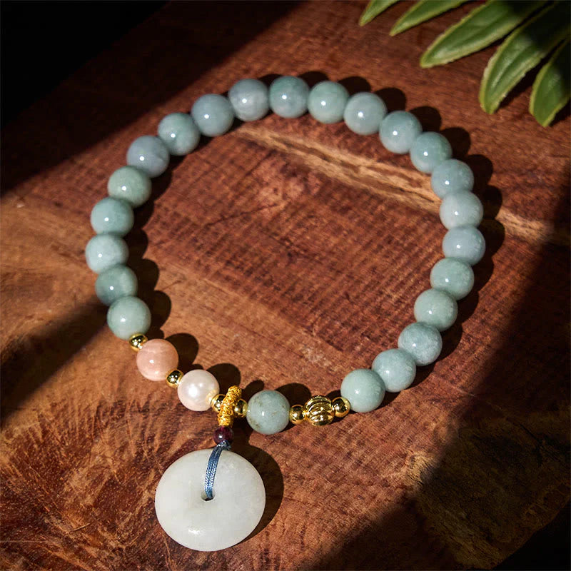 Buddha Stones Peace Buckle Jade Round Beaded Luck Auspicious Bracelet