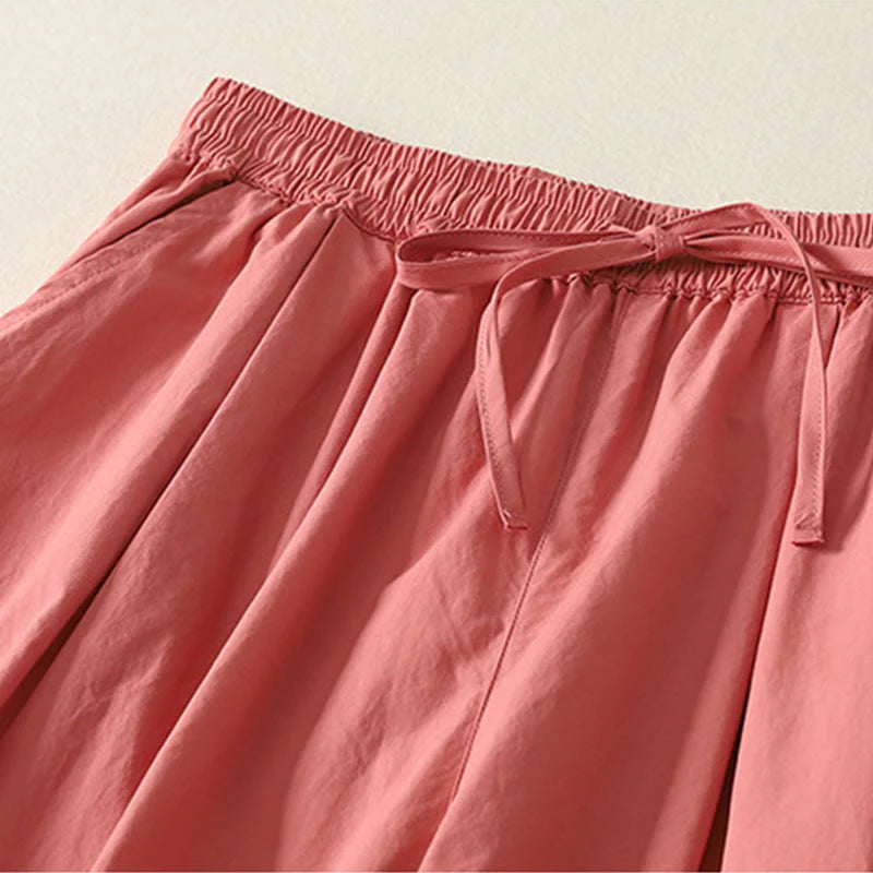 Buddha Stones Casual Ruffle Hem Patchwork Design Drawstring Ankle-length Women's Cotton Pants With Pockets