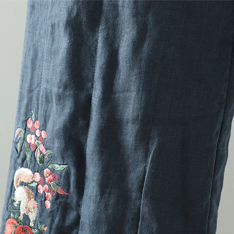 Buddha Stones Embroidered Frog Button Padded Women's Wide Leg Pants With Pockets