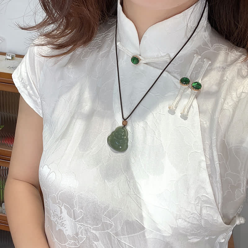 Buddha Stones Laughing Buddha Hetian Jade Healing Calm Necklace String Pendant