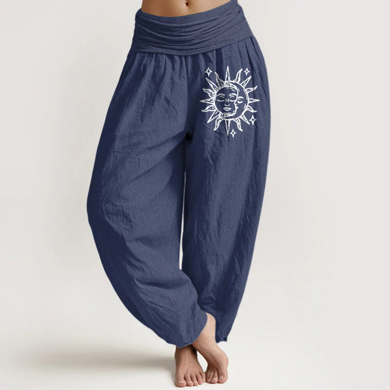 Buddha Stones Sun Moon Pattern Women's Elastic Waist Harem Pure Cotton Pants