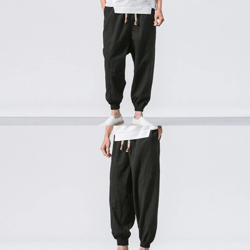 Buddha Stones Men's Plain Simple Drawstring Design Cotton Harem Pants With Pockets