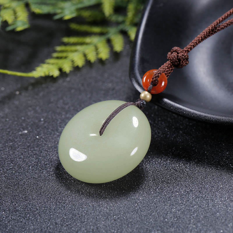 Buddha Stones Round Hetian White Jade Peace Buckle Blessing Necklace Pendant