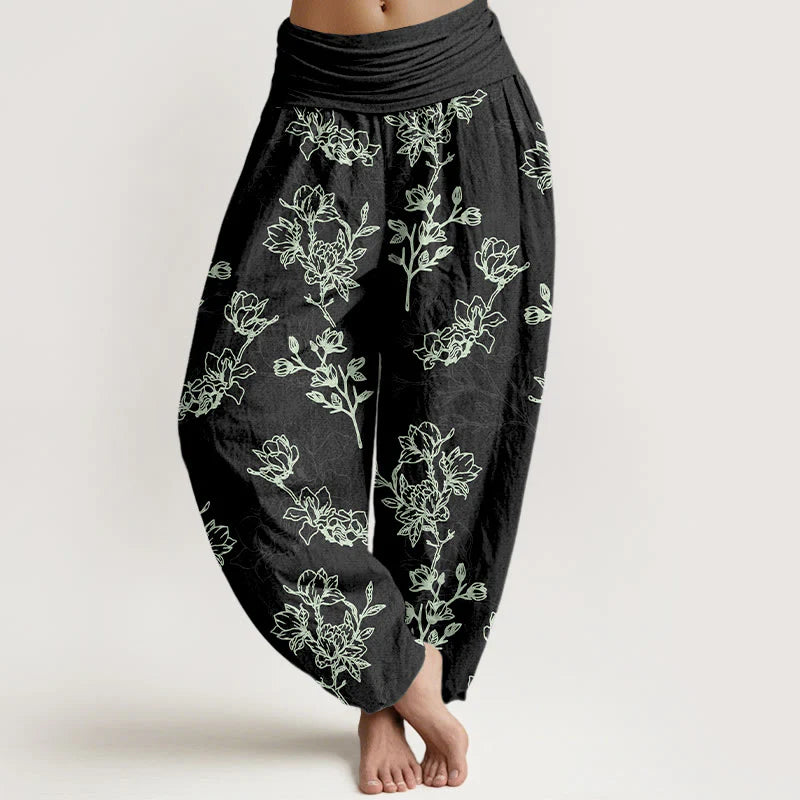 Buddha Stones Cotton Simple Flower Bud Pattern Women's Elastic Waist Harem Pants