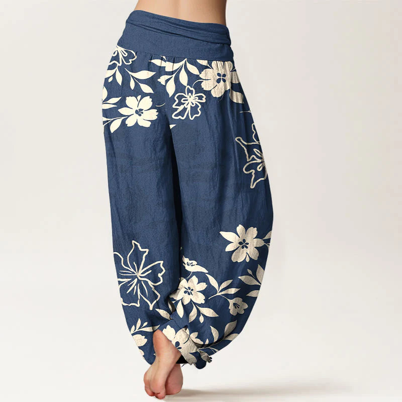 Buddha Stones Cotton Retro Simple Flowers Leaves Pattern Women's Elastic Waist Harem Pants