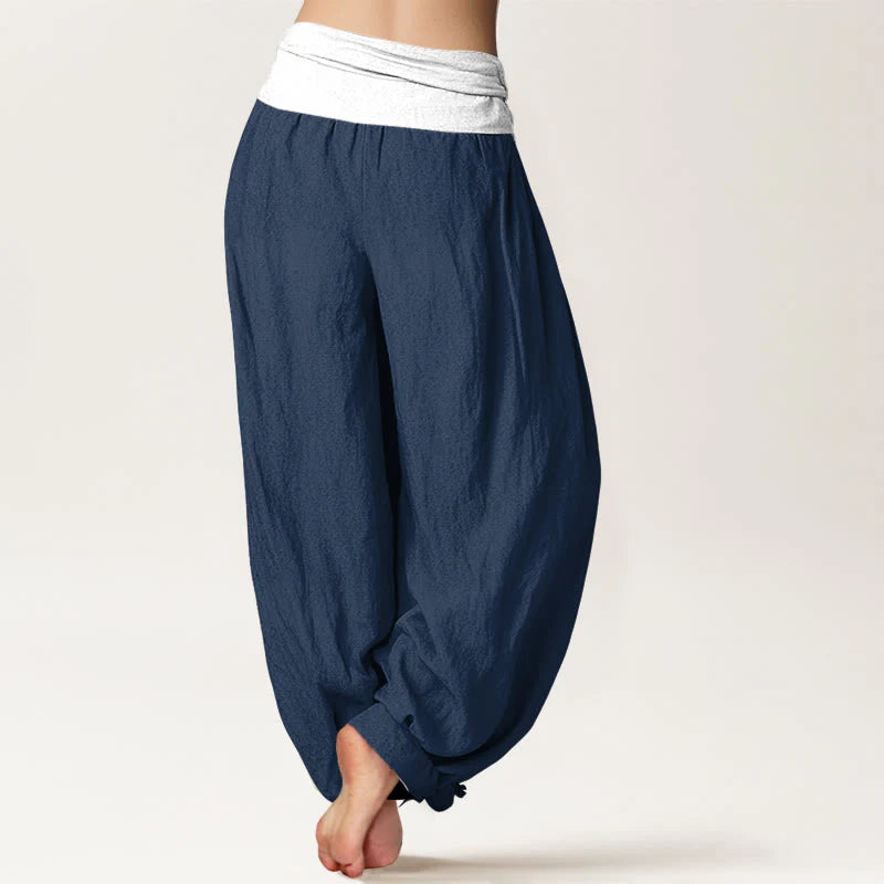 Buddha Stones Cotton Blue Black Gray Solid Color Women's Elastic Waist Harem Pants