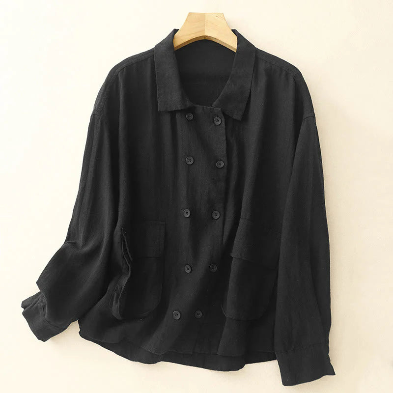 Buddha Stones Double‑Breasted Design Long Sleeve Women's Cotton Jacket With Pockets