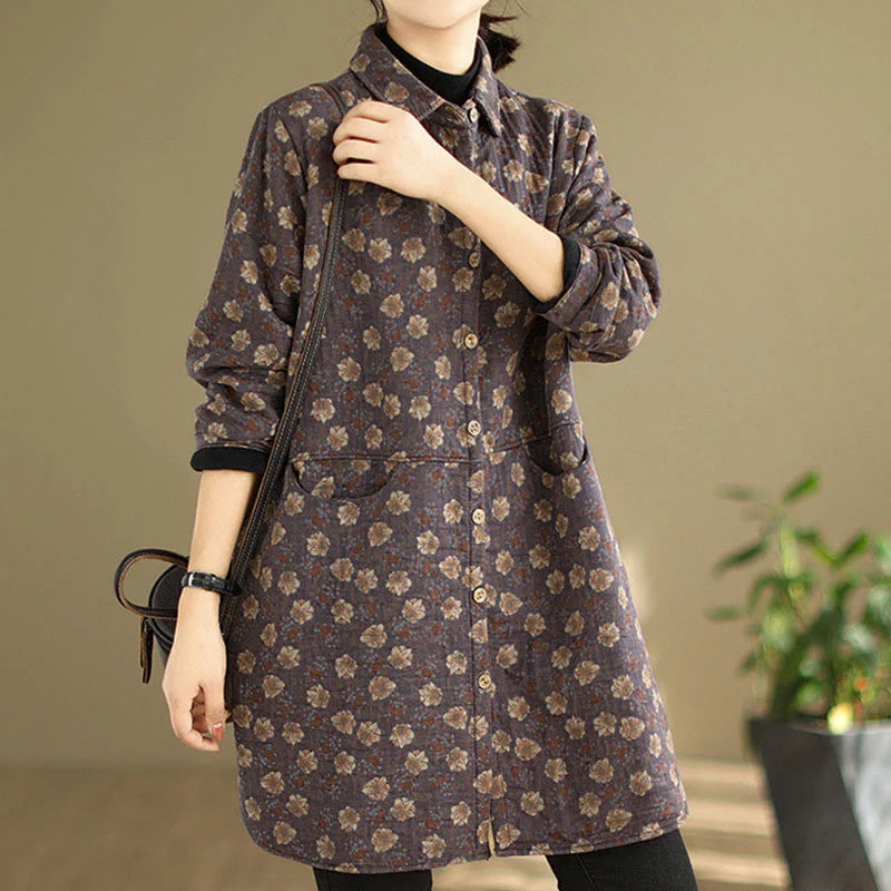 Buddha Stones Fall Winter Buttons Flower Patterns Long Sleeve Cotton Women's Jacket With Pockets