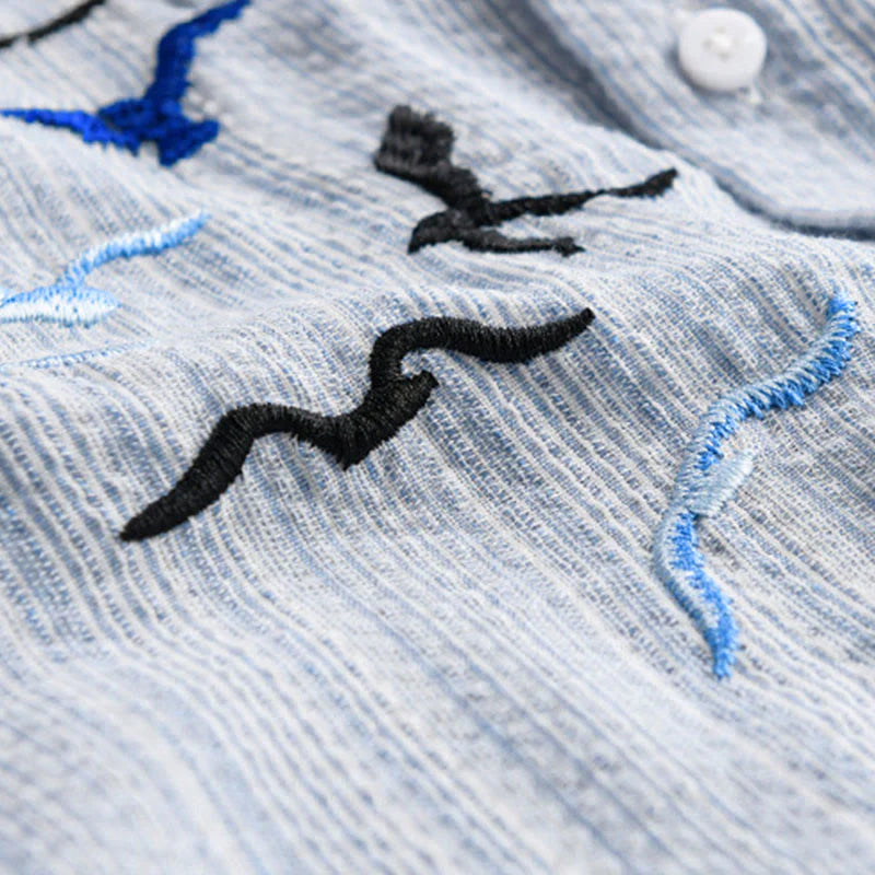 Buddha Stones Embroidery Bird Striped Pattern Long Sleeve Men's Cotton Shirt With Pocket