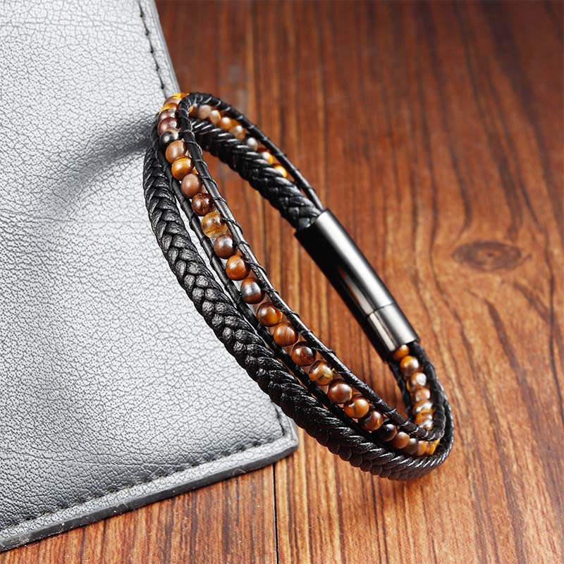 Buddha Stones Tiger Eye Titanium Steel Protection Strengthen Leather Bracelet