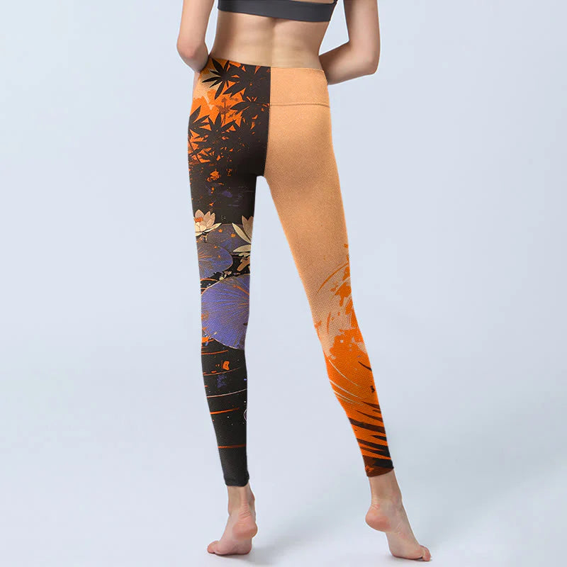 Buddha Stones Lotus Flowers Leaves Water Ripples Pattern Print Gym Leggings Women's Yoga Pants