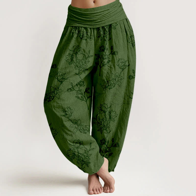 Buddha Stones Cotton Simple Flower Bud Pattern Women's Elastic Waist Harem Pants