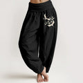Buddha Stones Cranes Flowers Pattern Pure Cotton Women's Elastic Waist Harem Pants