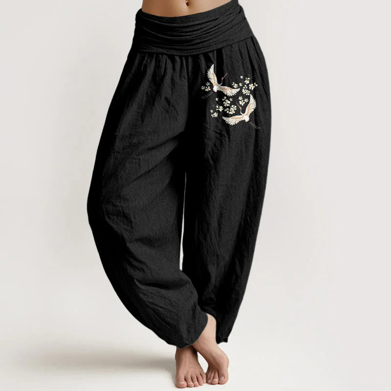 Buddha Stones Cranes Flowers Pattern Pure Cotton Women's Elastic Waist Harem Pants