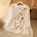Buddha Stones Retro Embroidery Lace-Up Women's Three Quarter Sleeve Cotton Linen T-Shirt