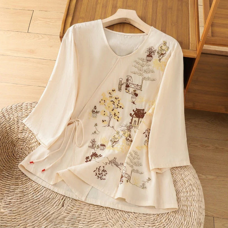 Buddha Stones Retro Embroidery Lace-Up Women's Three Quarter Sleeve Cotton Linen T-Shirt