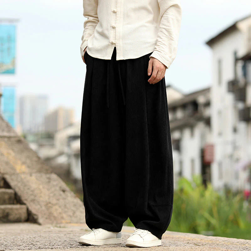 Buddha Stones Fall Solid Elastic Waist Drawstring Men's Harem Pants With Pockets