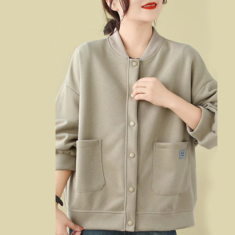 Buddha Stones Plain Women's Buttons Crew Neck Long Sleeve Cotton Jacket With Pockets