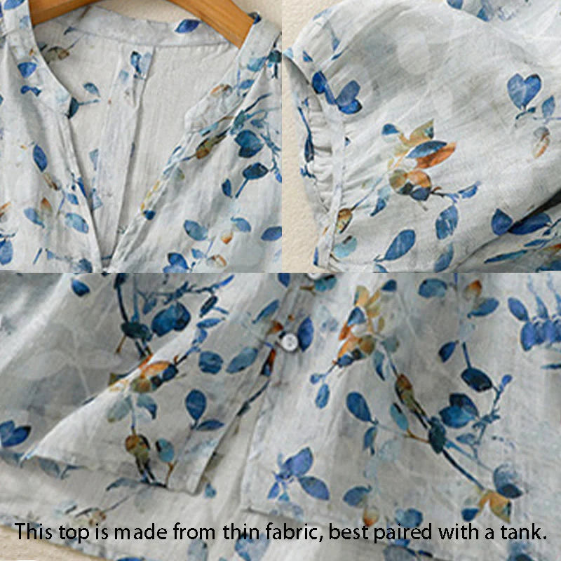Buddha Stones Blue Floral V-Neck Three Quarter Sleeve Women's Cotton Shirt