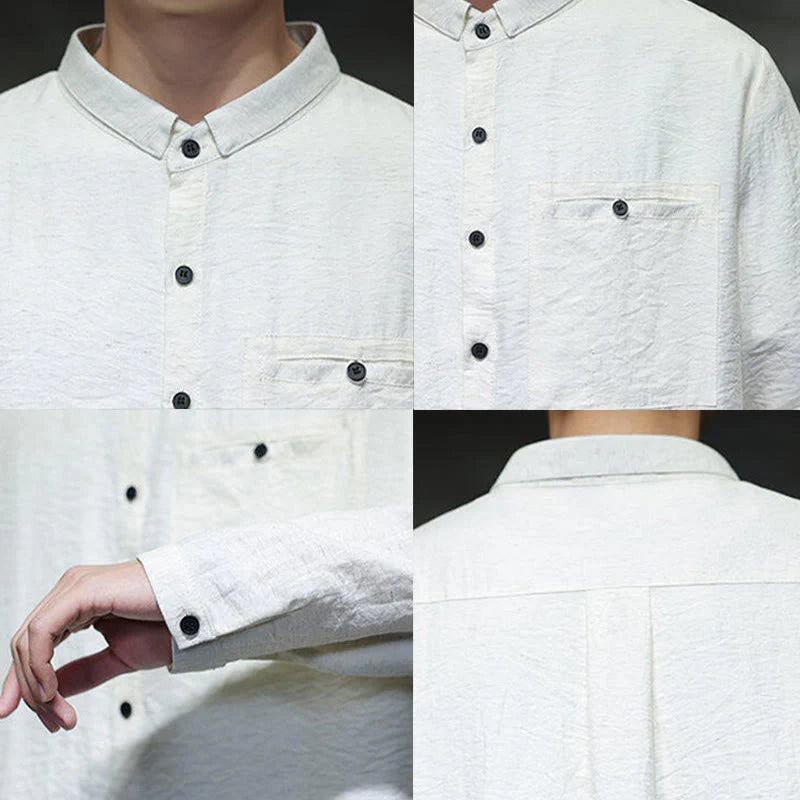 Buddha Stones Spring Men's Solid Color Buttons Design Long Sleeve Shirt
