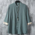 Buddha Stones Summer Frog-button Patchwork Half Sleeve Design Cotton Linen Men's Shirt Jacket