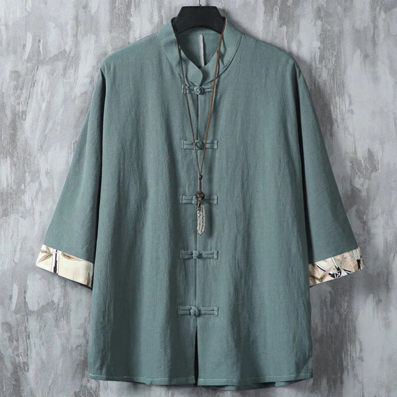 Buddha Stones Summer Frog-button Patchwork Half Sleeve Design Cotton Linen Men's Shirt Jacket