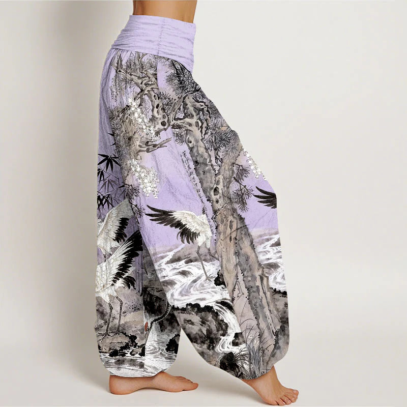 Buddha Stones Pure Cotton Red-crowned Crane Stream Pattern Women's Elastic Waist Harem Pants