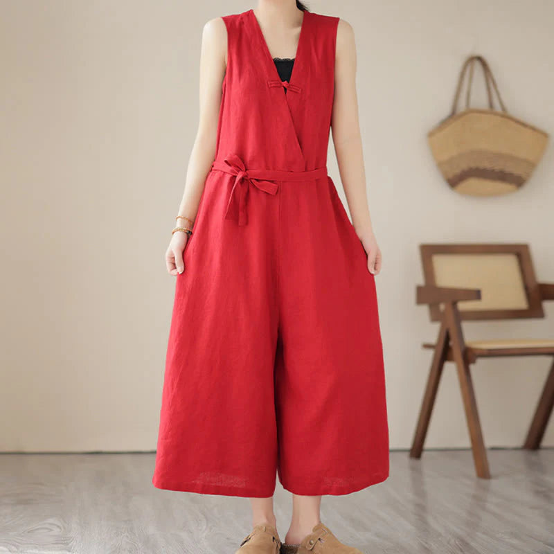 Buddha Stones Casual Lace-Up Simple Sleeveless Design Women's Cotton Linen Jumpsuit With Pockets